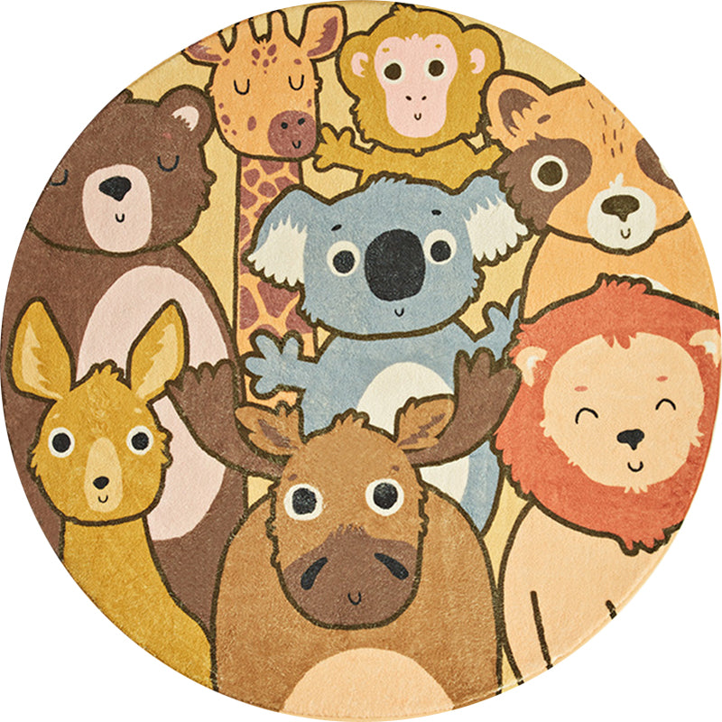 Avtoit | Kids Cartoon Animals Pattern Rug Yellow Polyester Rug Washable Non-Slip Back Rug for Home Decor