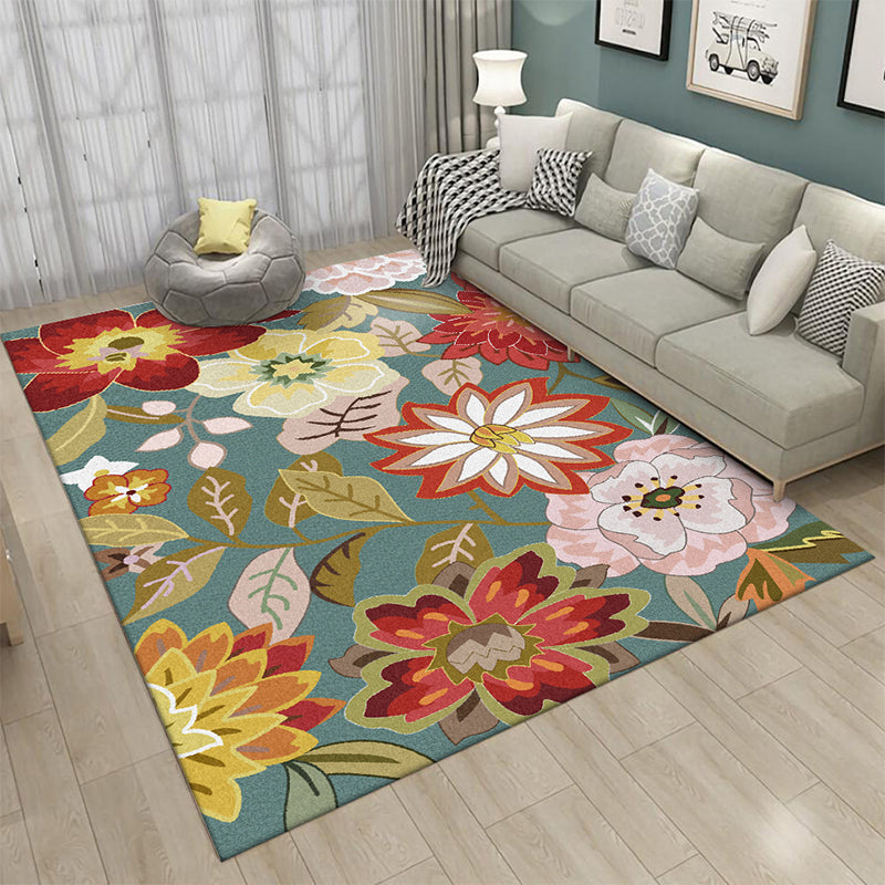 Avtoit | Blue Vintage Carpet Polyester Floral Pattern Carpet Washable Non-Slip Back Carpet for Living Room