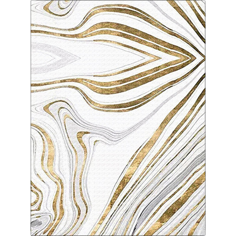Avtoit | Modern Living Room Rug in White and Gold Abstract Swirl Line Print Rug Polyester Machine Washable Area Rug