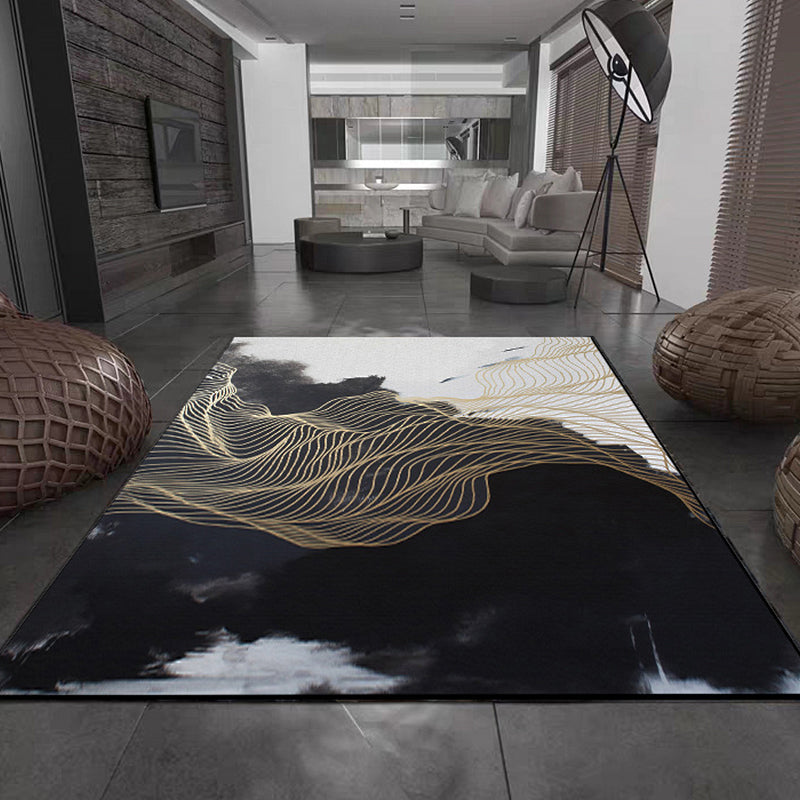 Avtoit | Traditional swirl stripe pattern rug black and white oriental rug polyester washable non-slip backing rug for living room