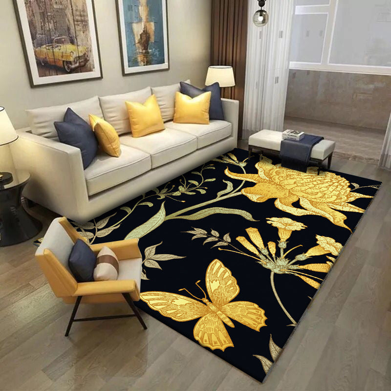 Avtoit | Black and Yellow Vintage Carpet Polyester Floral and Leaf Pattern Carpet Washable Non-Slip Back Carpet for Living Room