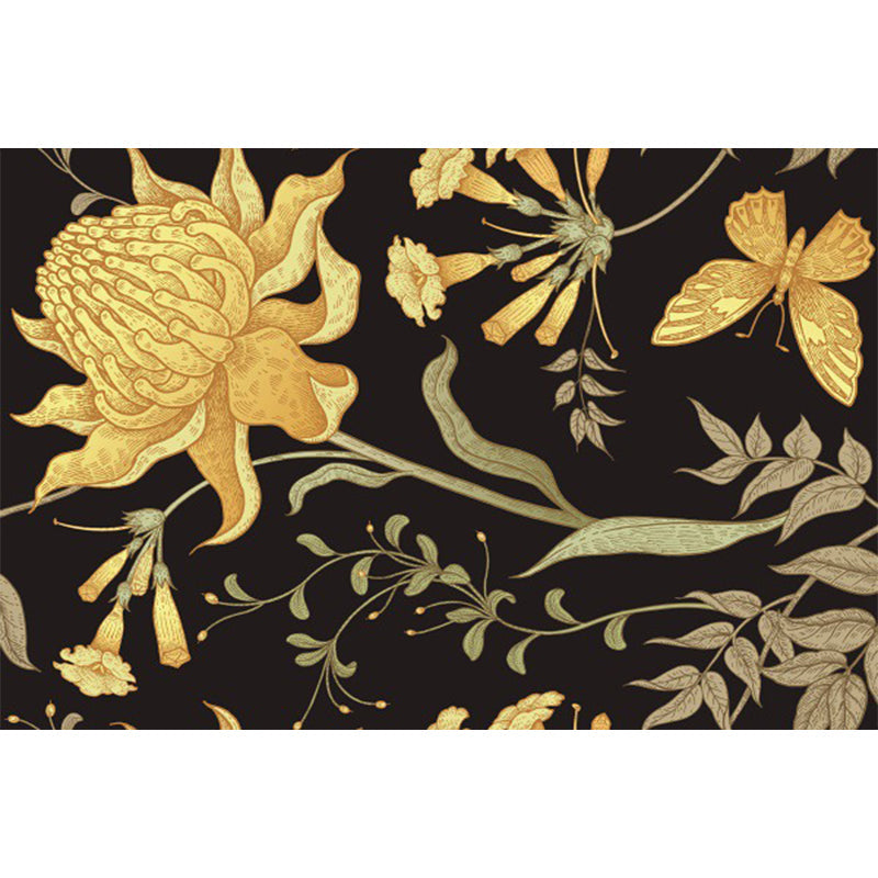 Avtoit | Black and Yellow Vintage Carpet Polyester Floral and Leaf Pattern Carpet Washable Non-Slip Back Carpet for Living Room
