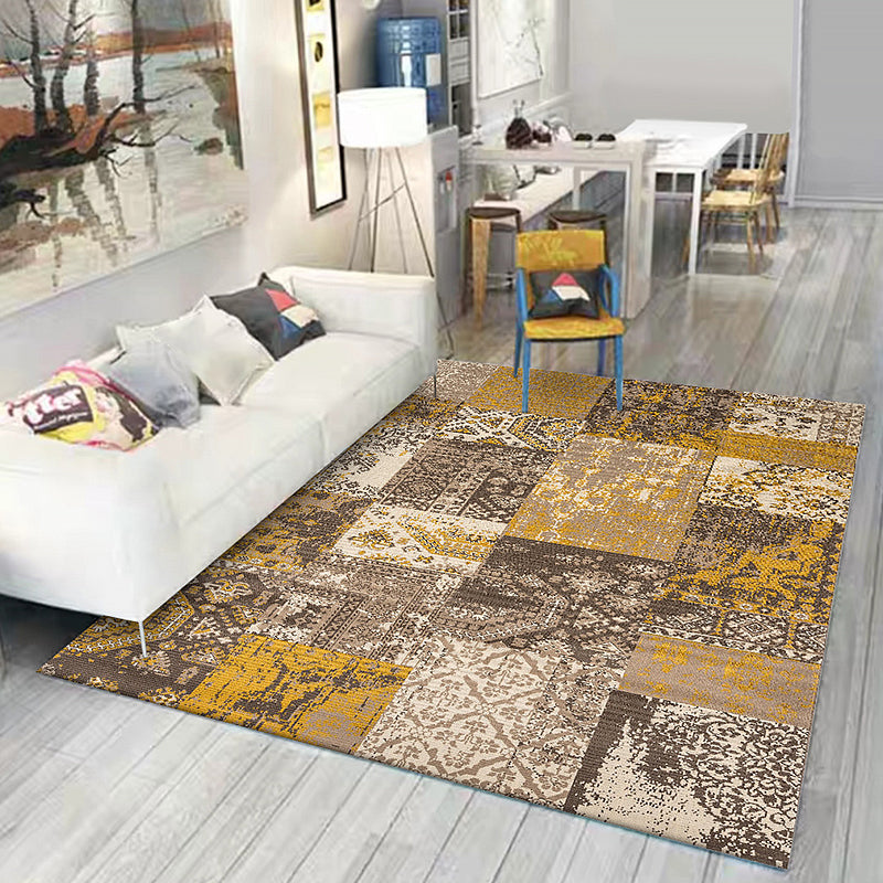 Avtoit | Shabby Chic Tribal Pattern Rug Blue and Yellow Polyester Rug Machine Washable Non-Slip Rug for the Bedroom