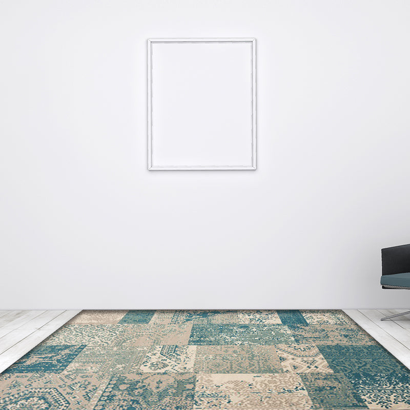Avtoit | Shabby Chic Tribal Pattern Rug Blue and Yellow Polyester Rug Machine Washable Non-Slip Rug for the Bedroom