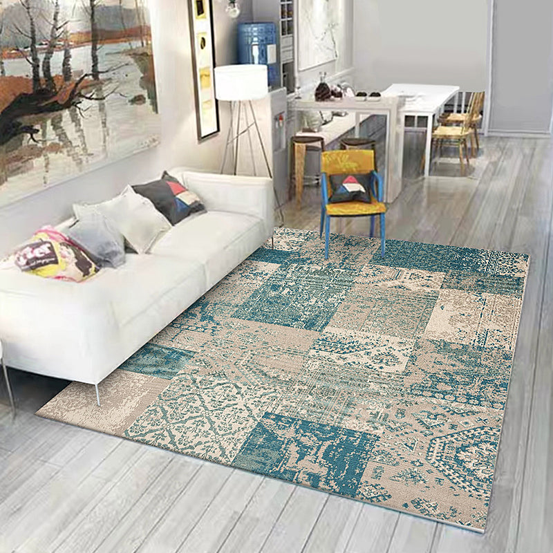 Avtoit | Shabby Chic Tribal Pattern Rug Blue and Yellow Polyester Rug Machine Washable Non-Slip Rug for the Bedroom