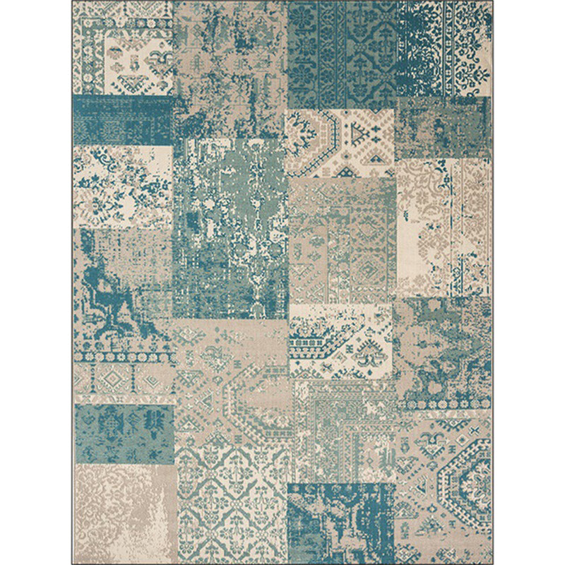 Avtoit | Shabby Chic Tribal Pattern Rug Blue and Yellow Polyester Rug Machine Washable Non-Slip Rug for the Bedroom