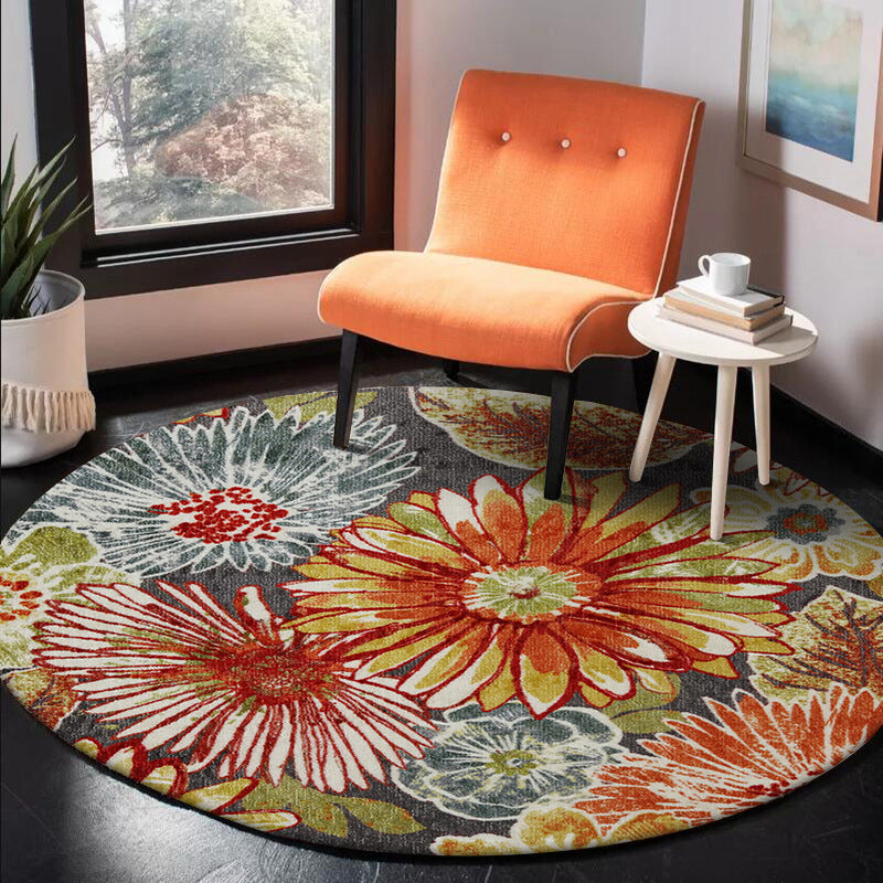 Avtoit | Retro Floral Pattern Rug Orange Shabby Chic Rug Polyester Washable Non-slip Back Rug for Living Room