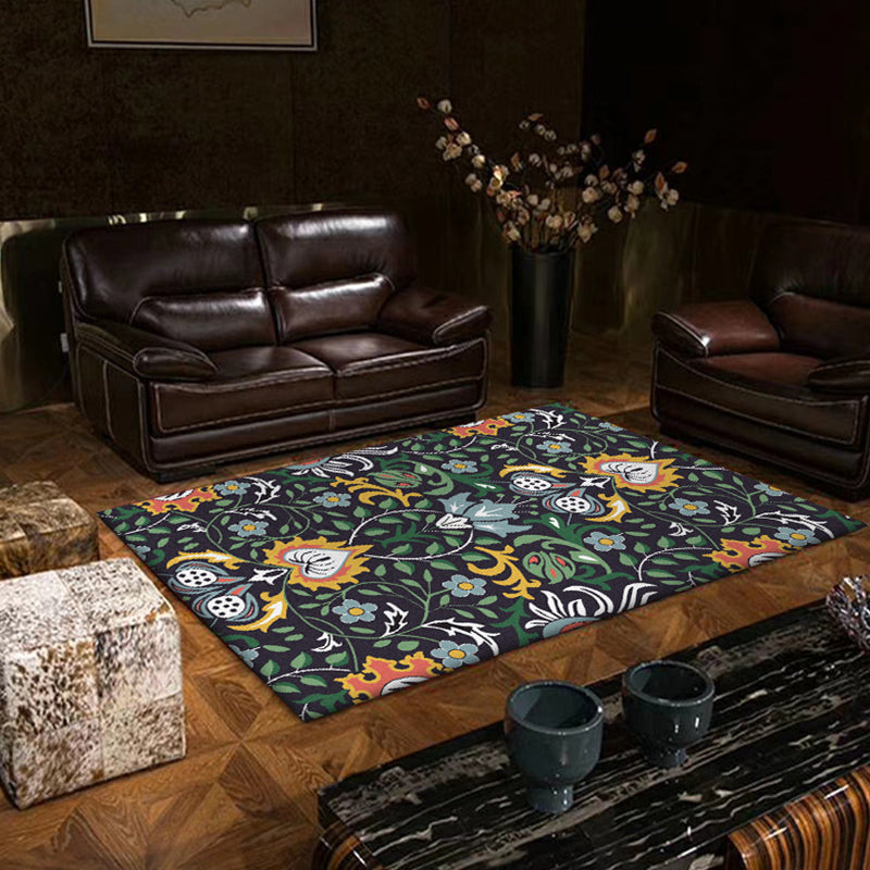 Avtoit | Vintage Floral Pattern rug with leaf black and green polyester rug machine washable non-slip rug for the bedroom