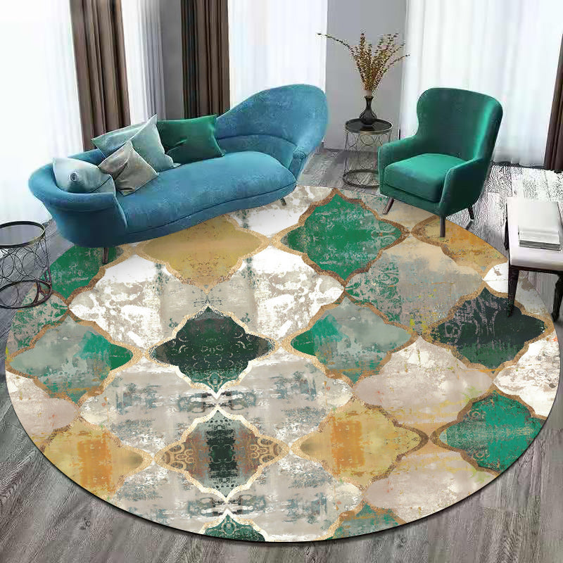 Avtoit | Green and Yellow Moroccan Carpet Polyester Azulejo Print Carpet Washable non-slip back Carpet for Living Room