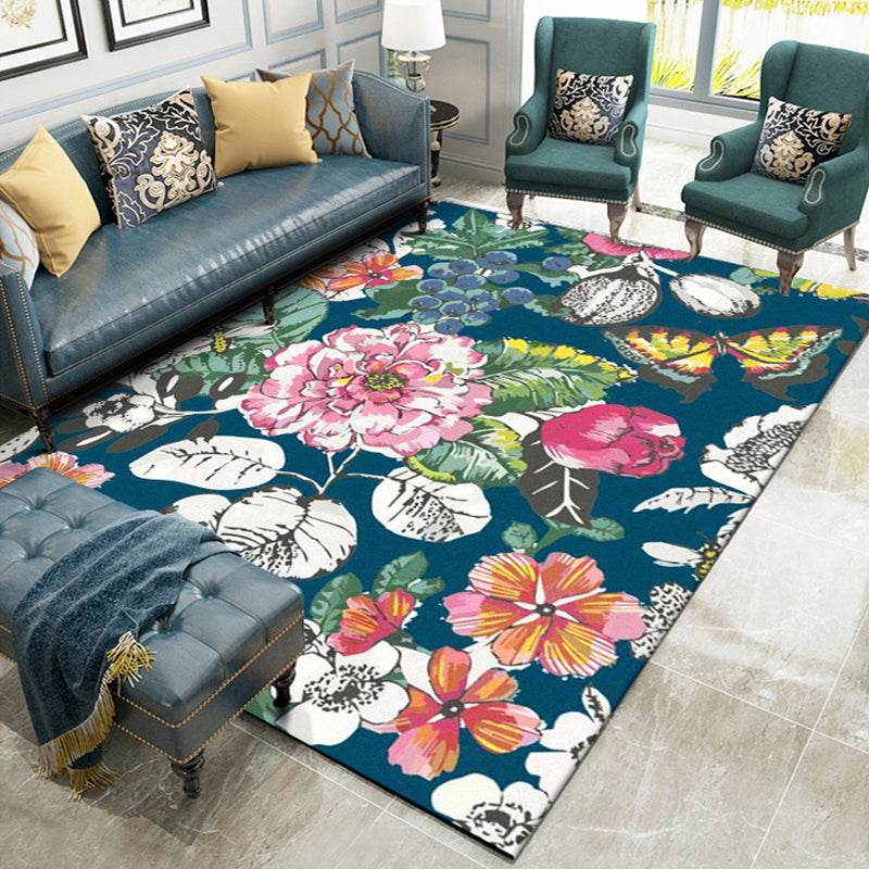 Avtoit | Classic Floral Pattern Rug with Leaf Blue Multicolor Shabby Chic Rug Polyester Washable Non-Slip Backing Rug for the Living Room