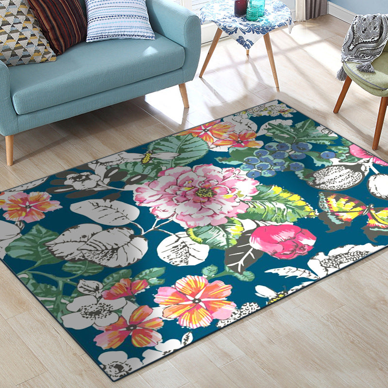 Avtoit | Classic Floral Pattern Rug with Leaf Blue Multicolor Shabby Chic Rug Polyester Washable Non-Slip Backing Rug for the Living Room
