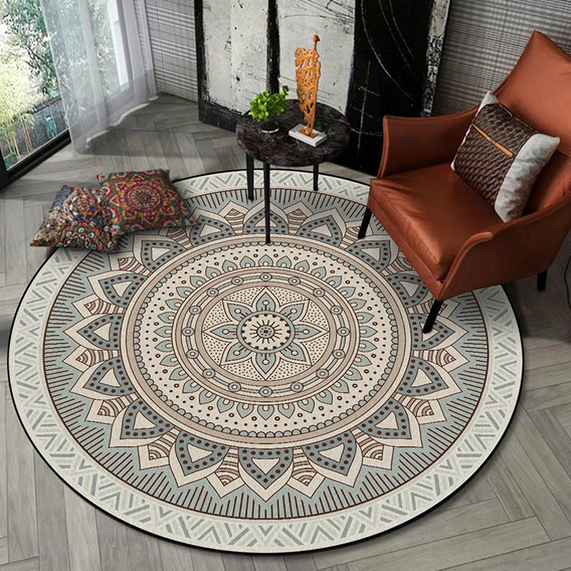 Avtoit | Light Green Southwest Carpet Polyester Concentric Circles and Floral Pattern Carpet Washable Non-Slip Back Carpet for Living Room