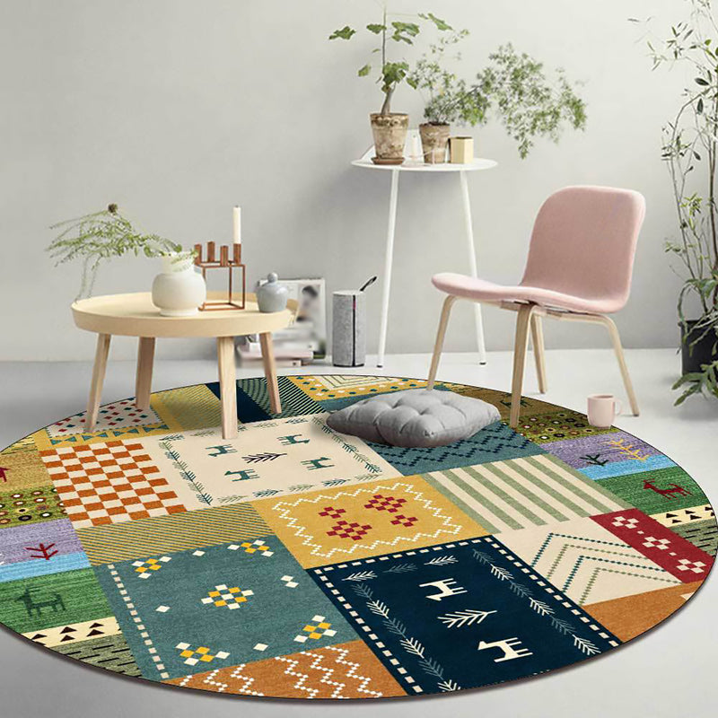 Avtoit | Classic Tribal Plaid Carpet Yellow and Green Vintage Carpet Polyester Washable Non-Slip Back Carpet for the Living Room