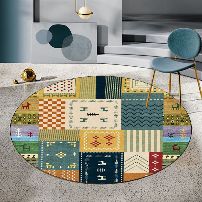 Avtoit | Classic Tribal Plaid Carpet Yellow and Green Vintage Carpet Polyester Washable Non-Slip Back Carpet for the Living Room