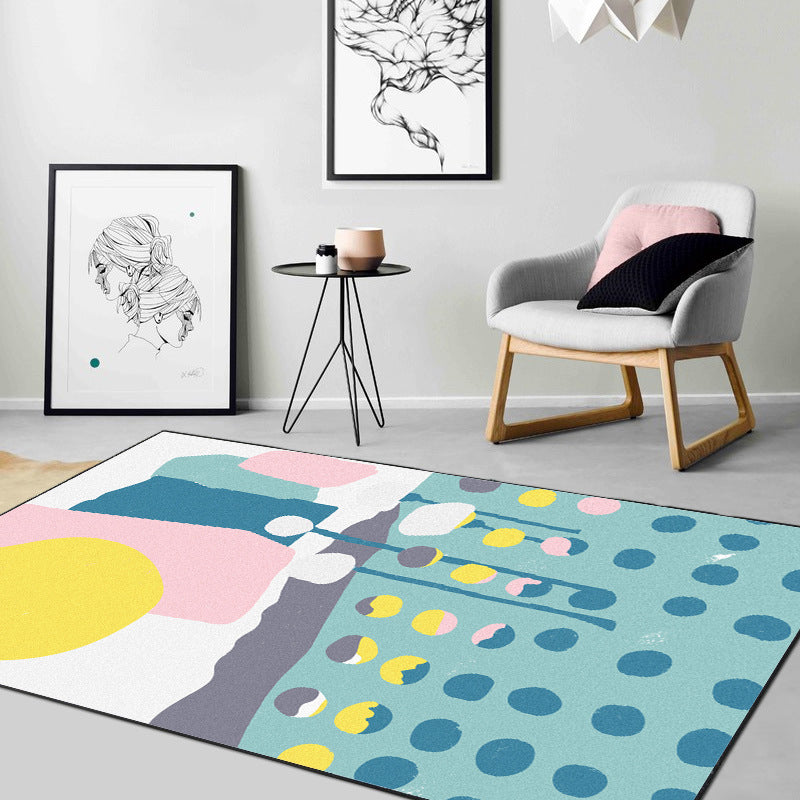 Avtoit | Blue and White Bedroom Rug Novelty Color Block Dots Pattern Area Rug Polyester Non-Slip Washable Rug
