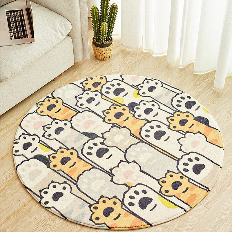 Avtoit | Yellow and White Kids Carpet Polyester Cat Paw Print Pattern Carpet Washable Non-Slip Rug for Kids Room