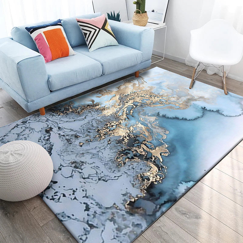 Avtoit | Unique Watercolor Pattern Carpet Blue and Grey Modern Carpet Polyester Washable Non-Slip Backing Area Rug for Living Room