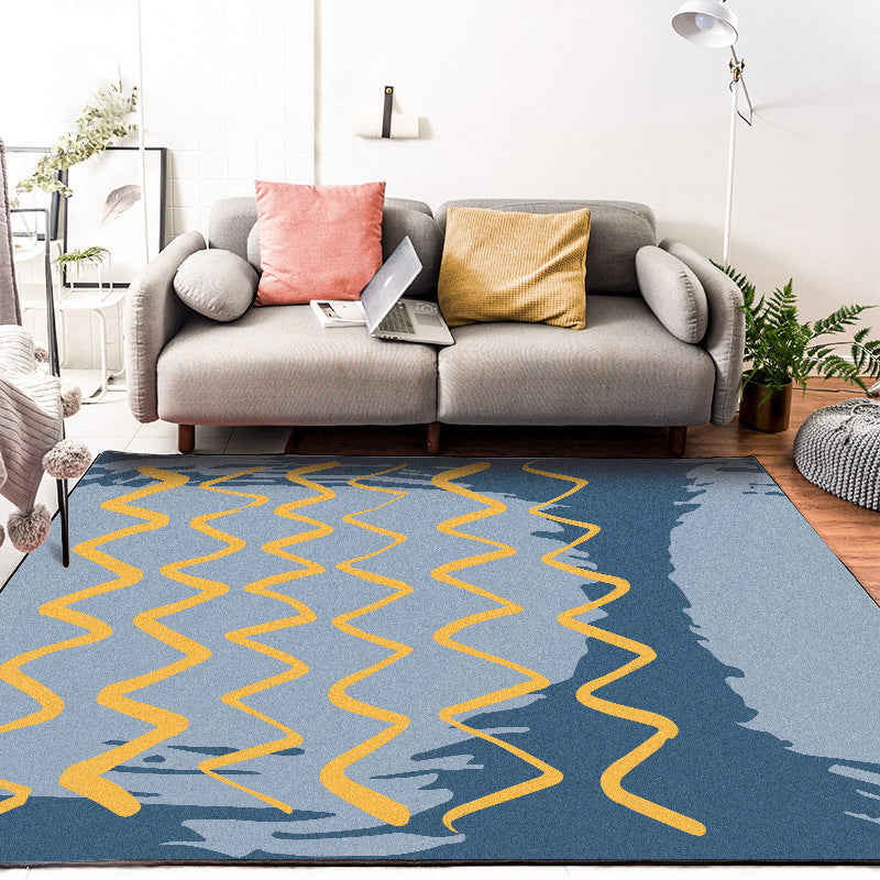 Avtoit | Casual Novelty Rug in Blue Geometric Wave Pattern Rug Polyester Stain Resistant Rug for Home Decoration