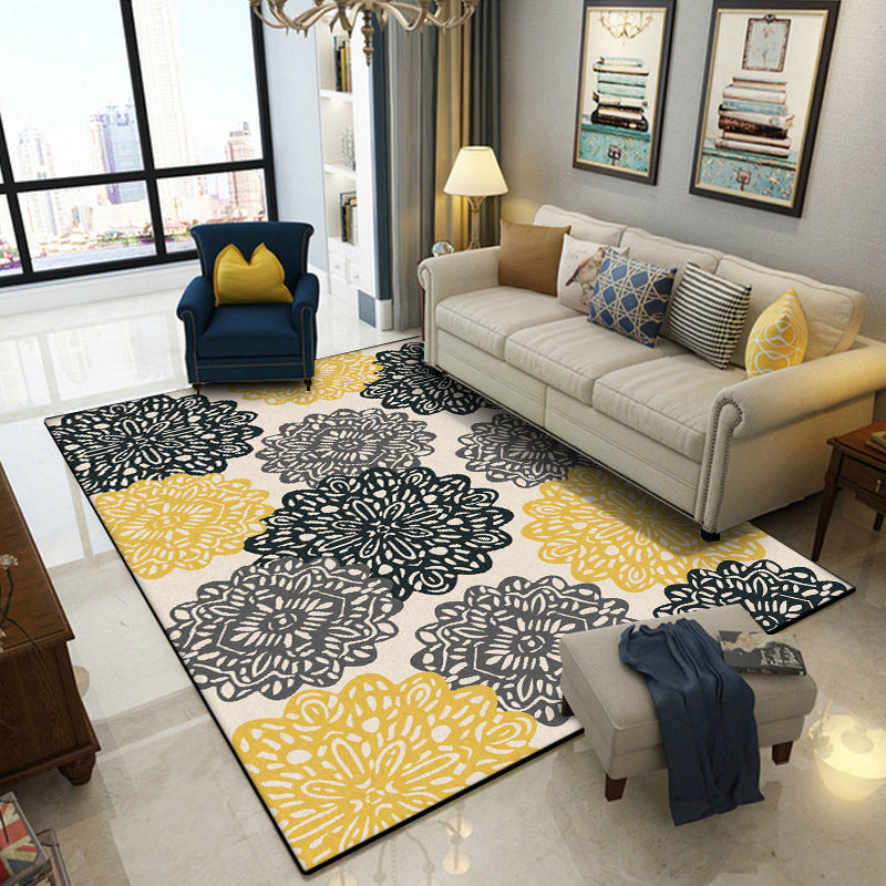 Avtoit | Vintage Floral Pattern Rug White and Yellow Polyester Rug Machine Washable Nonslip Area Rug for Bedroom