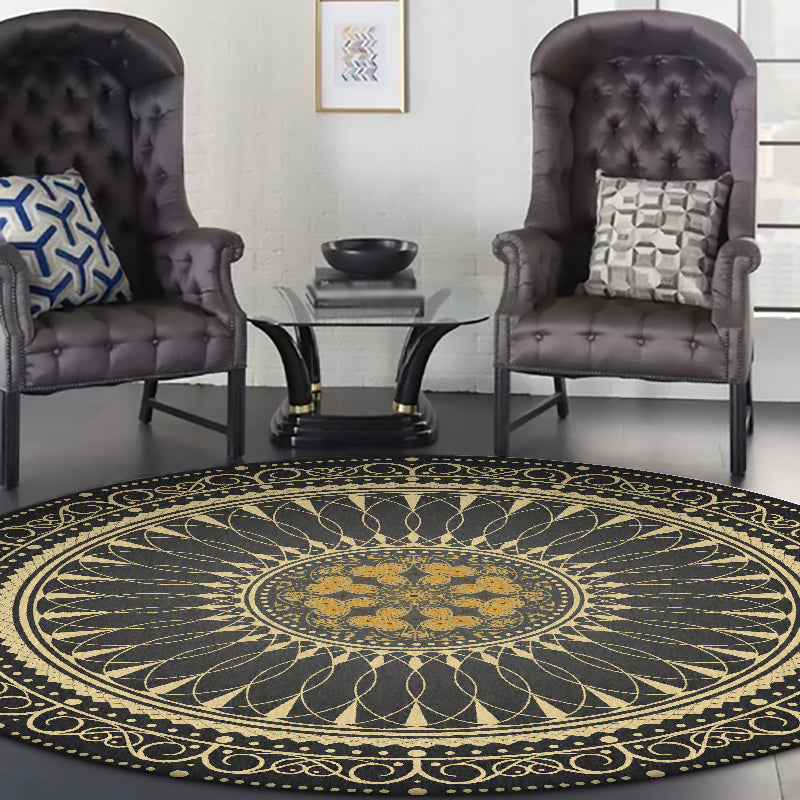 Avtoit | Vintage Floral Pattern Rug Black Tribal Rug Polyester Washable Anti-Slip Backing Rug for Living Room
