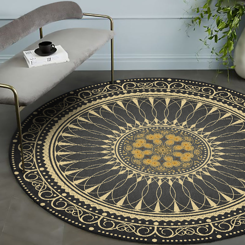 Avtoit | Vintage Floral Pattern Rug Black Tribal Rug Polyester Washable Anti-Slip Backing Rug for Living Room