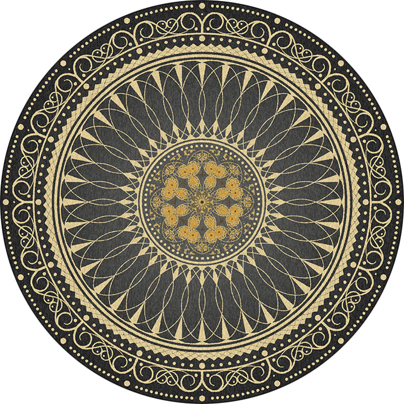 Avtoit | Vintage Floral Pattern Rug Black Tribal Rug Polyester Washable Anti-Slip Backing Rug for Living Room
