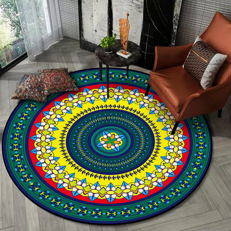 Avtoit | Classic concentrated circles pattern rug green and yellow tribal rug polyester washable non-slip back area rug for living room