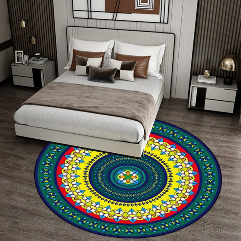 Avtoit | Classic concentrated circles pattern rug green and yellow tribal rug polyester washable non-slip back area rug for living room