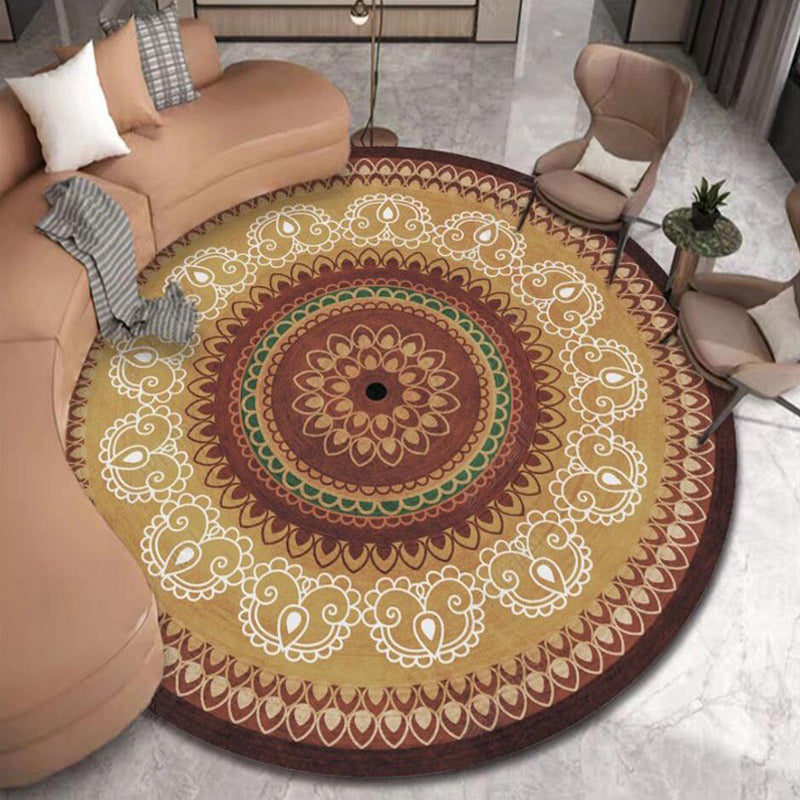 Avtoit | Vintage concentrated circles pattern rug with flowers yellow tribal rug polyester washable non-slip backing rug for the living room
