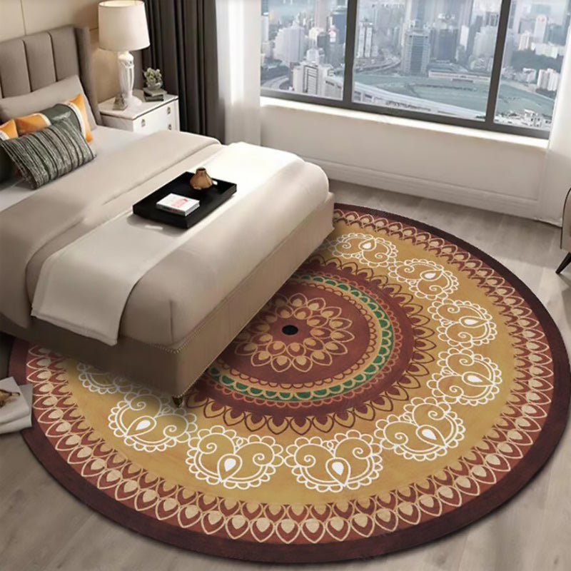 Avtoit | Vintage concentrated circles pattern rug with flowers yellow tribal rug polyester washable non-slip backing rug for the living room