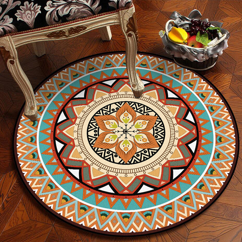 Avtoit | Traditional concentric circle patterned rug with floral orange tribal rug made of polyester washable non-slip backing rug for the living room