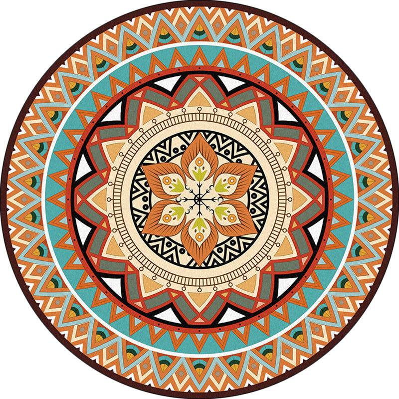 Avtoit | Traditional concentric circle patterned rug with floral orange tribal rug made of polyester washable non-slip backing rug for the living room