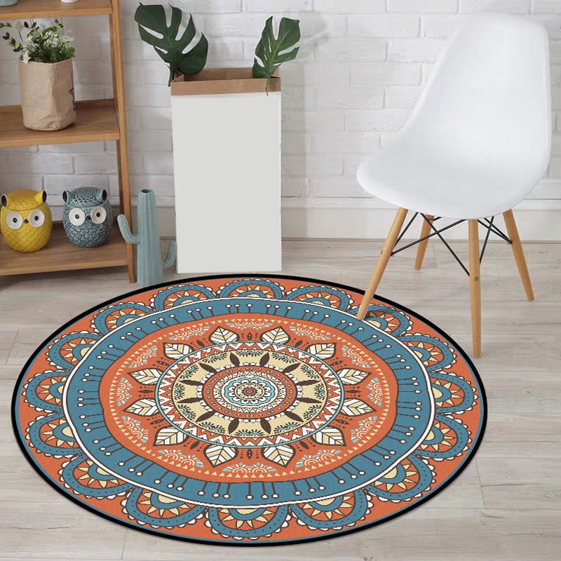 Avtoit | Americana concentric circles pattern rug with floral orange and blue tones polyester rug machine washable non-slip rug for the bedroom