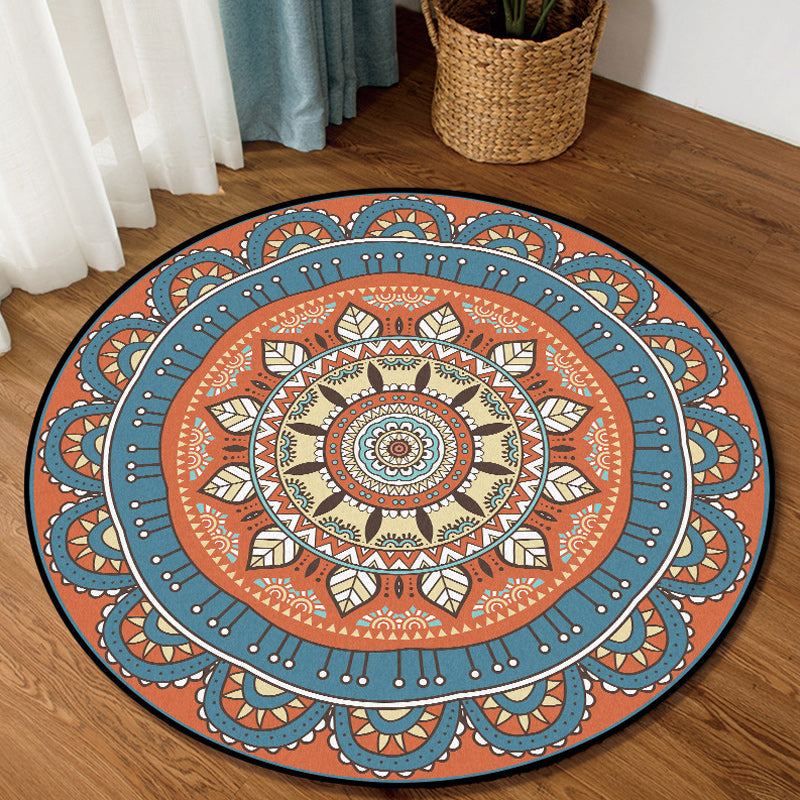 Avtoit | Americana concentric circles pattern rug with floral orange and blue tones polyester rug machine washable non-slip rug for the bedroom