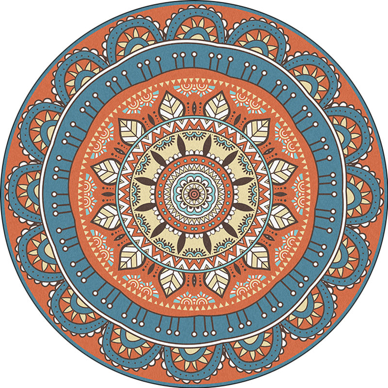 Avtoit | Americana concentric circles pattern rug with floral orange and blue tones polyester rug machine washable non-slip rug for the bedroom