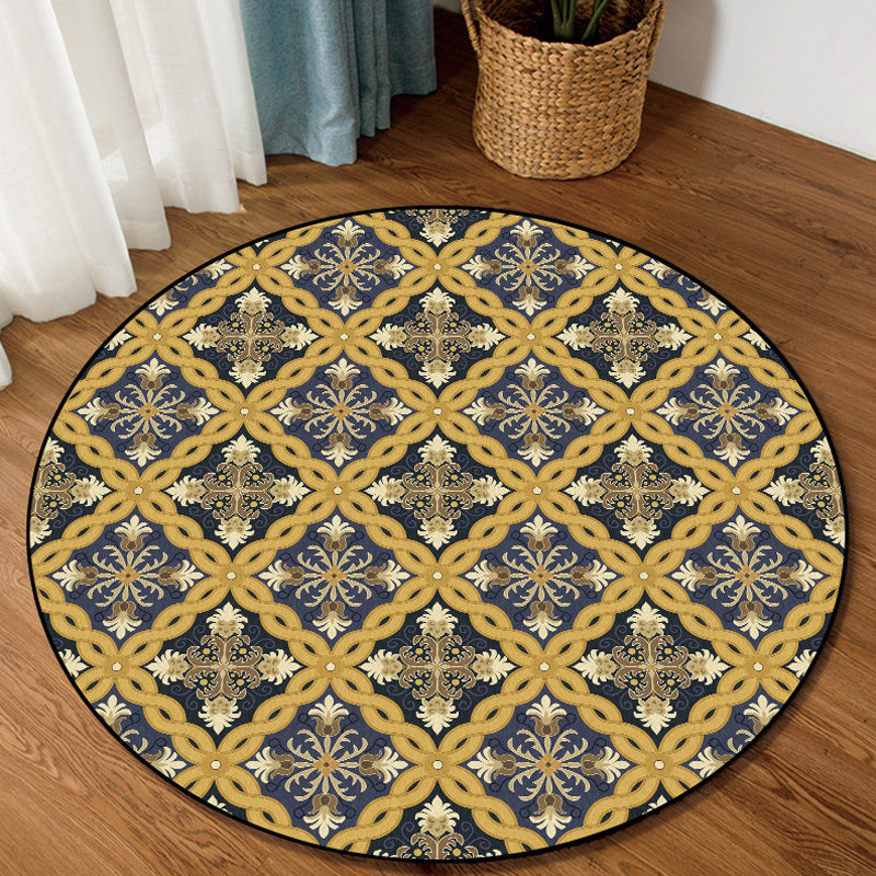 Avtoit | Yellow Moroccan Polyester Azulejo and Flower Pattern Rug washable non-slip backing rug for the living room