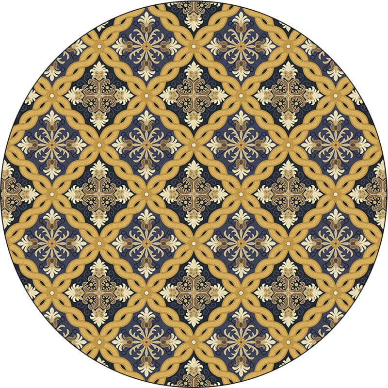 Avtoit | Yellow Moroccan Polyester Azulejo and Flower Pattern Rug washable non-slip backing rug for the living room