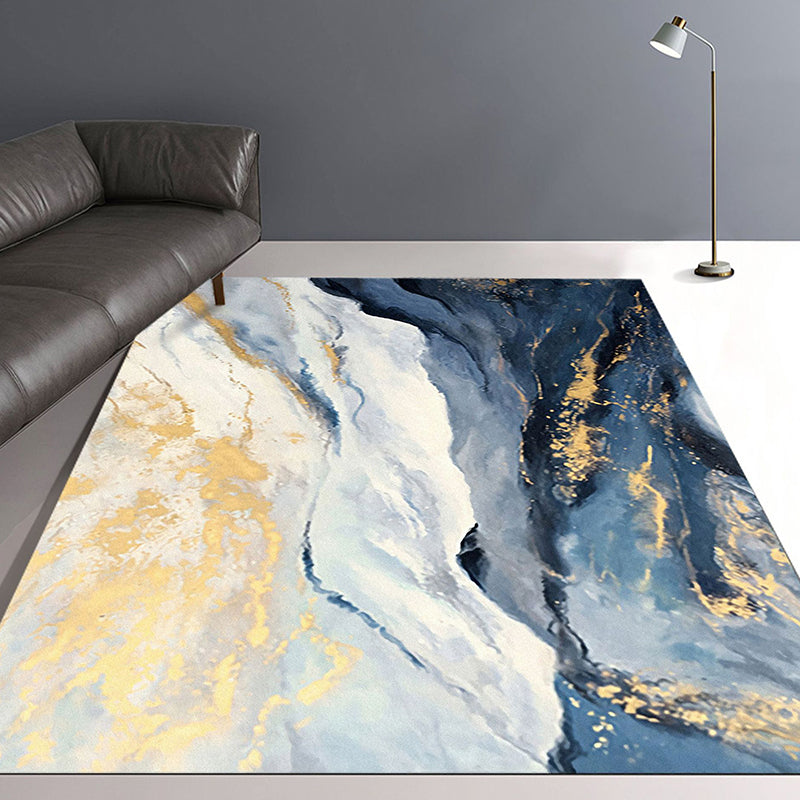 Avtoit | Blue and Gold Bedroom Carpet Modern Abstract Cloud Pattern Area Rug Polyester Non-Slip Washable Rug