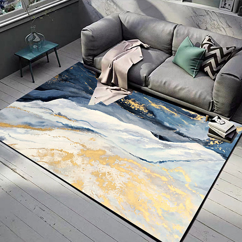 Avtoit | Blue and Gold Bedroom Carpet Modern Abstract Cloud Pattern Area Rug Polyester Non-Slip Washable Rug