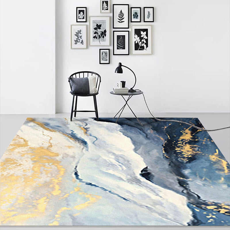 Avtoit | Blue and Gold Bedroom Carpet Modern Abstract Cloud Pattern Area Rug Polyester Non-Slip Washable Rug