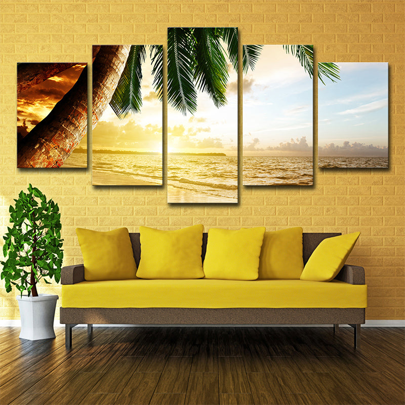 Avtoit | Beach Palm Tree Canvas Art Tropix Beautiful Sunset over the Sea Scene Wall Decoration in Gold