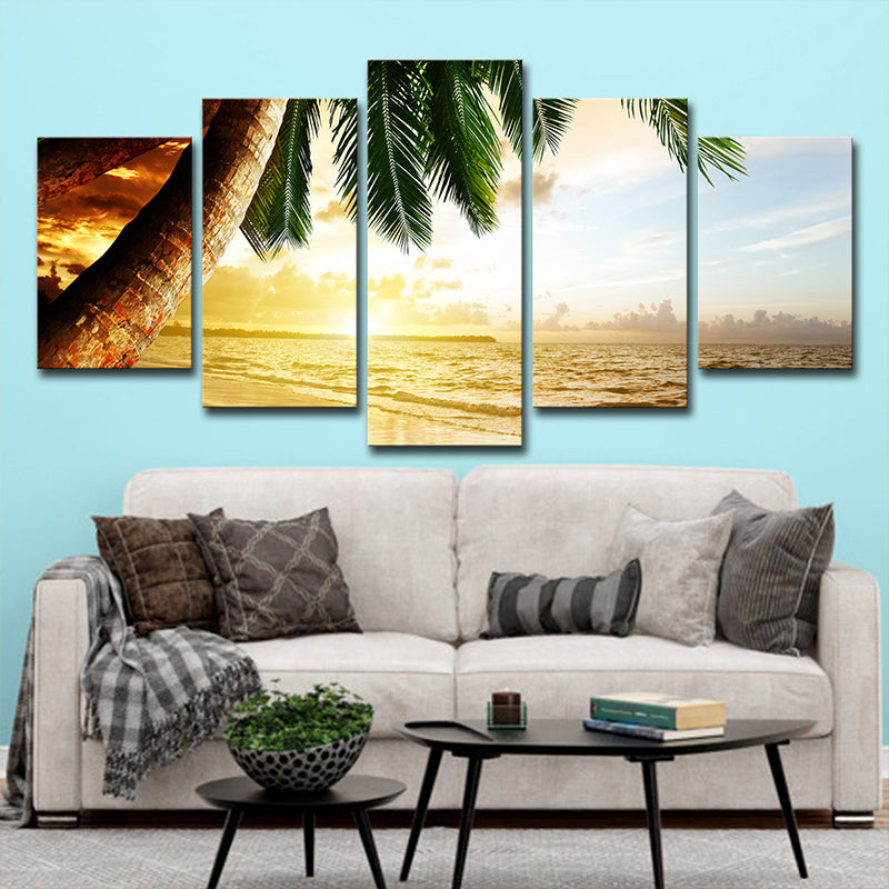 Avtoit | Beach Palm Tree Canvas Art Tropix Beautiful Sunset over the Sea Scene Wall Decoration in Gold
