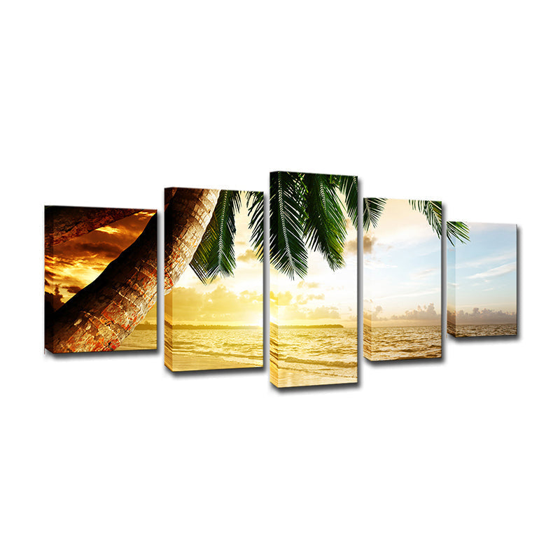 Avtoit | Beach Palm Tree Canvas Art Tropix Beautiful Sunset over the Sea Scene Wall Decoration in Gold