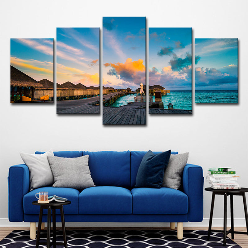 Avtoit | Maldives Sunset View Wall Art Multi-part Tropical Hotel Canvas Print in Blue