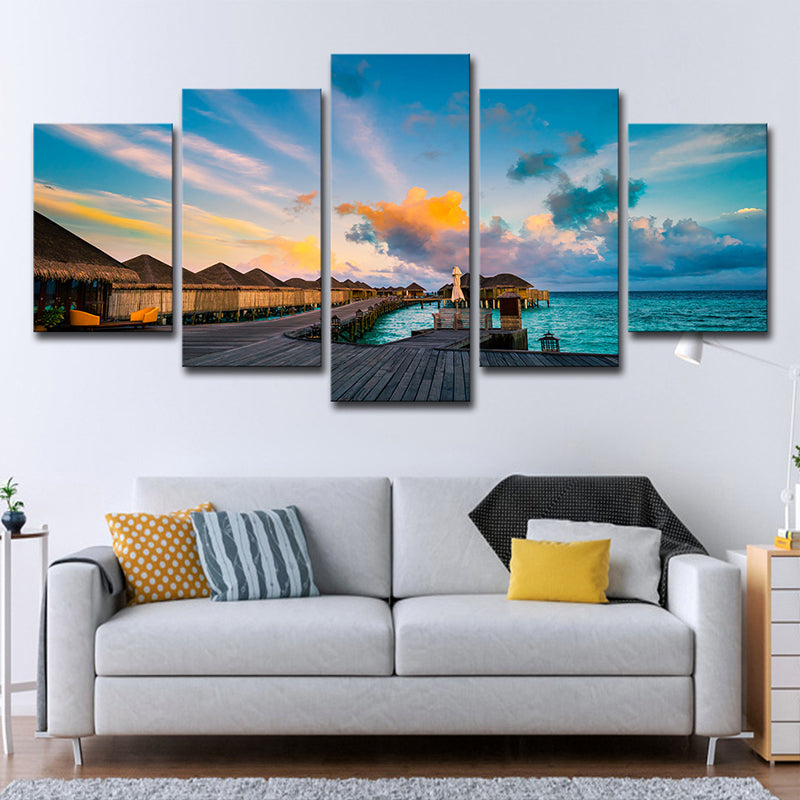 Avtoit | Maldives Sunset View Wall Art Multi-part Tropical Hotel Canvas Print in Blue