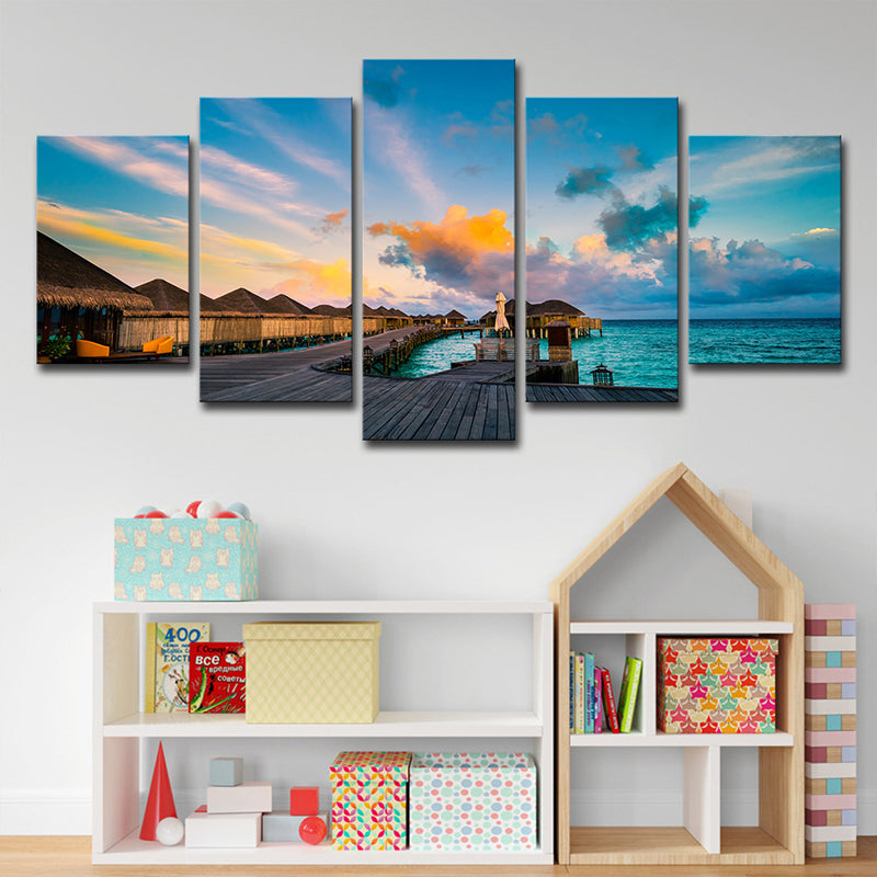 Avtoit | Maldives Sunset View Wall Art Multi-part Tropical Hotel Canvas Print in Blue