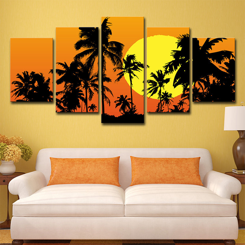 Avtoit | Tropical Wall Decoration Orange Large Moon Behind Coconut Trees Canvas Print for Home