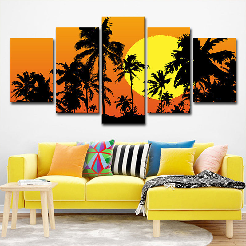 Avtoit | Tropical Wall Decoration Orange Large Moon Behind Coconut Trees Canvas Print for Home