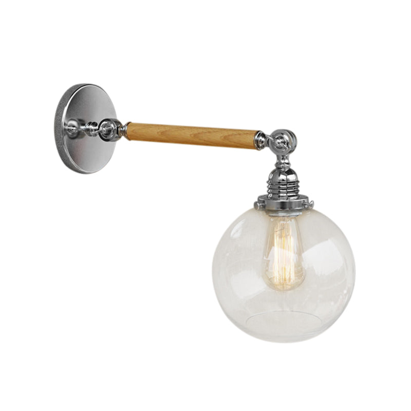 Avtoit | Vintage Orb Wall Light Fixture 1 Lamp Clear Glass Wall Lamp in Chrome for Bathroom, 8"/4"/6" Wide Wooden Arm