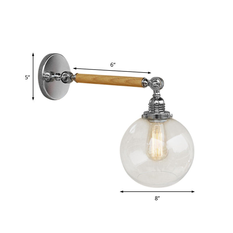 Avtoit | Vintage Orb Wall Light Fixture 1 Lamp Clear Glass Wall Lamp in Chrome for Bathroom, 8"/4"/6" Wide Wooden Arm